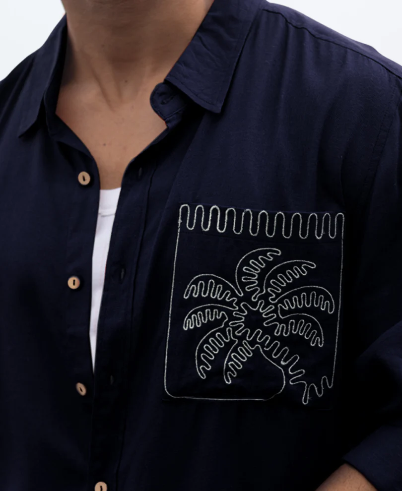 Navy Linen Blend Embroidery Shirt - Image 2