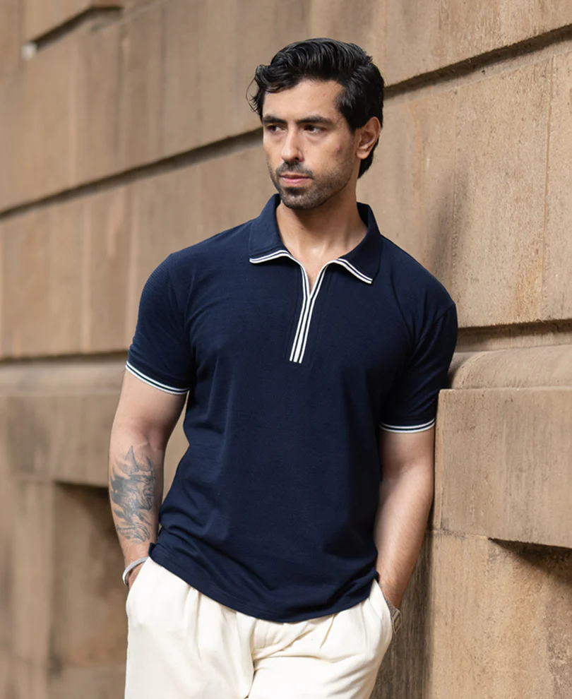 Navy Structured Knit Polo T-Shirt - Image 2