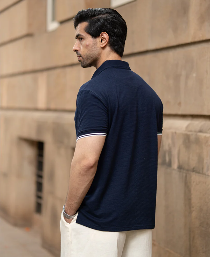 Navy Structured Knit Polo T-Shirt - Image 4