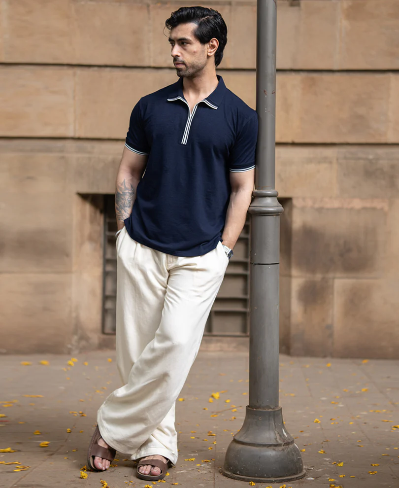 Navy Structured Knit Polo T-Shirt - Image 5