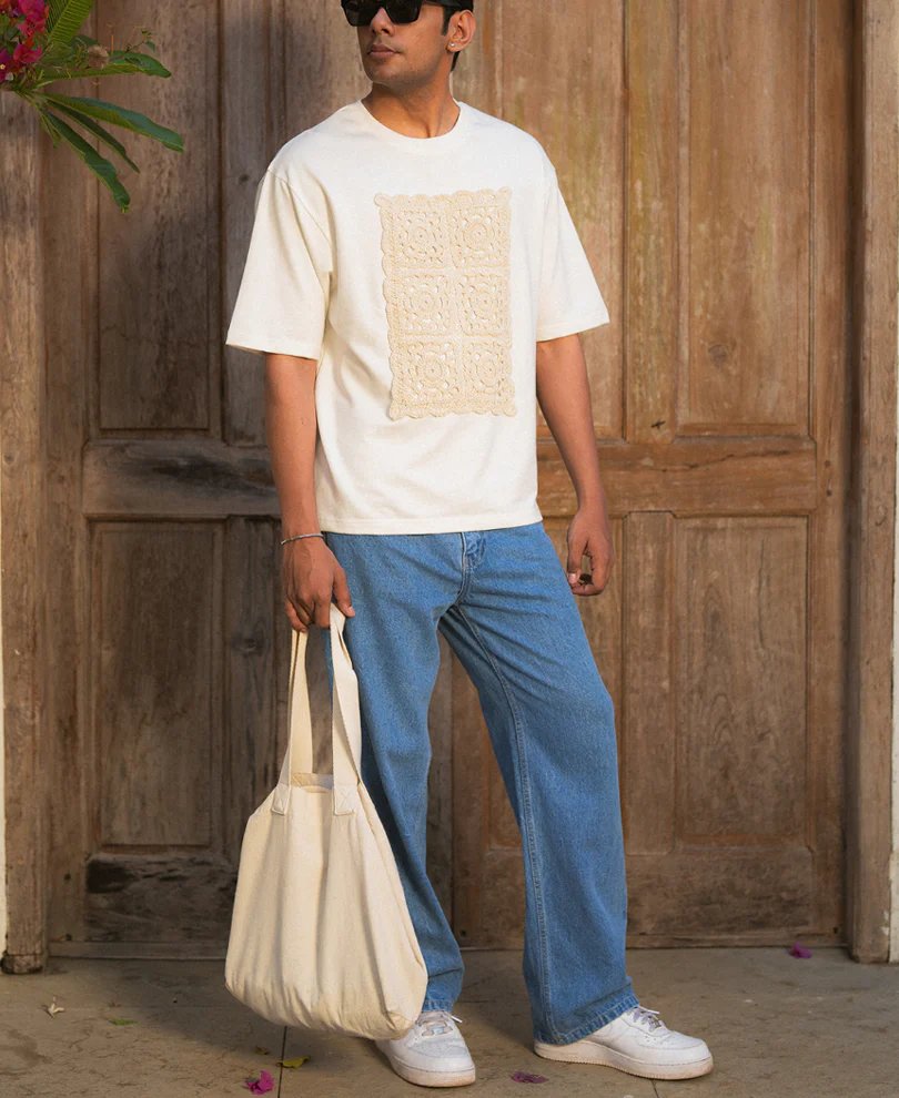 Off White Crochet Patch T-Shirt 100% Cotton - Image 6