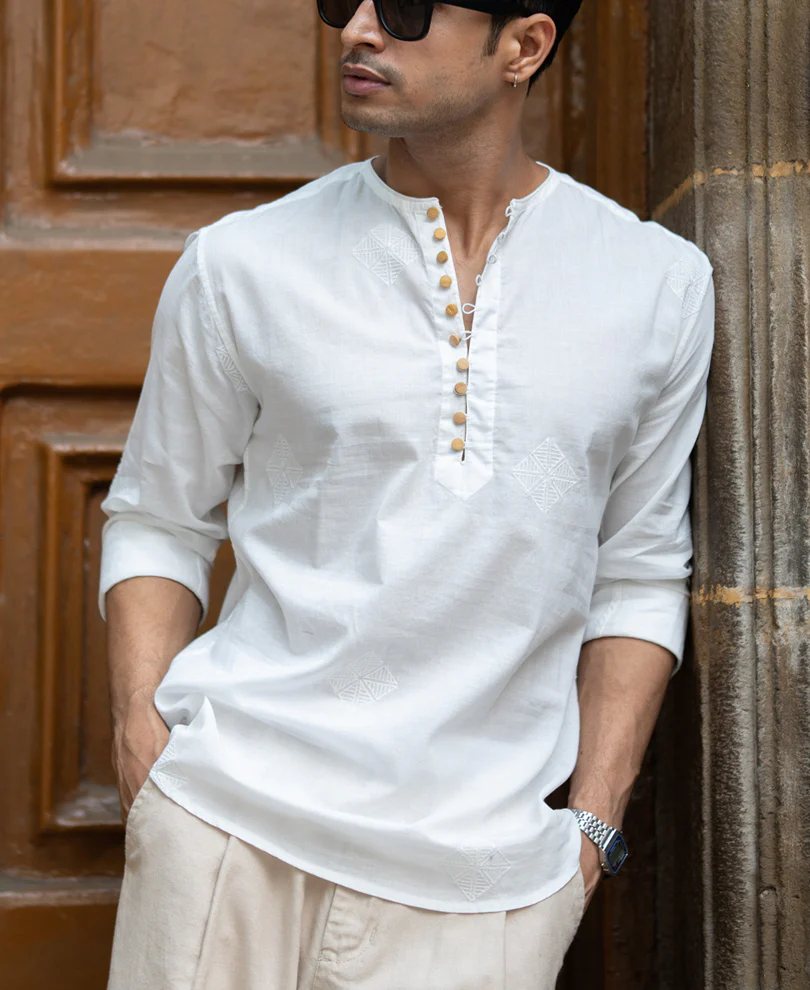Off-White Embroidered Kurta Shirt 100% Cotton