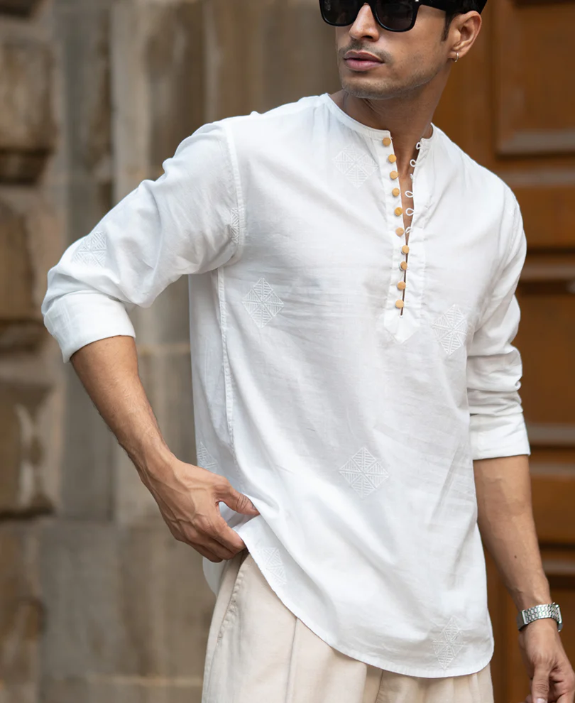 Off-White Embroidered Kurta Shirt 100% Cotton - Image 2