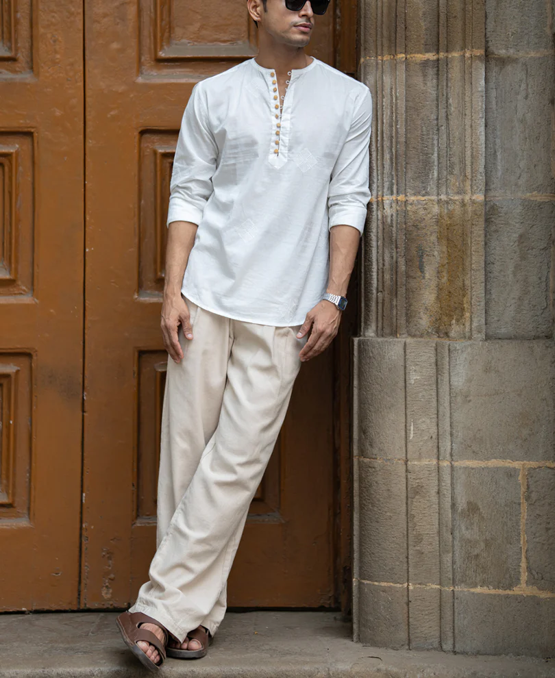 Off-White Embroidered Kurta Shirt 100% Cotton - Image 6