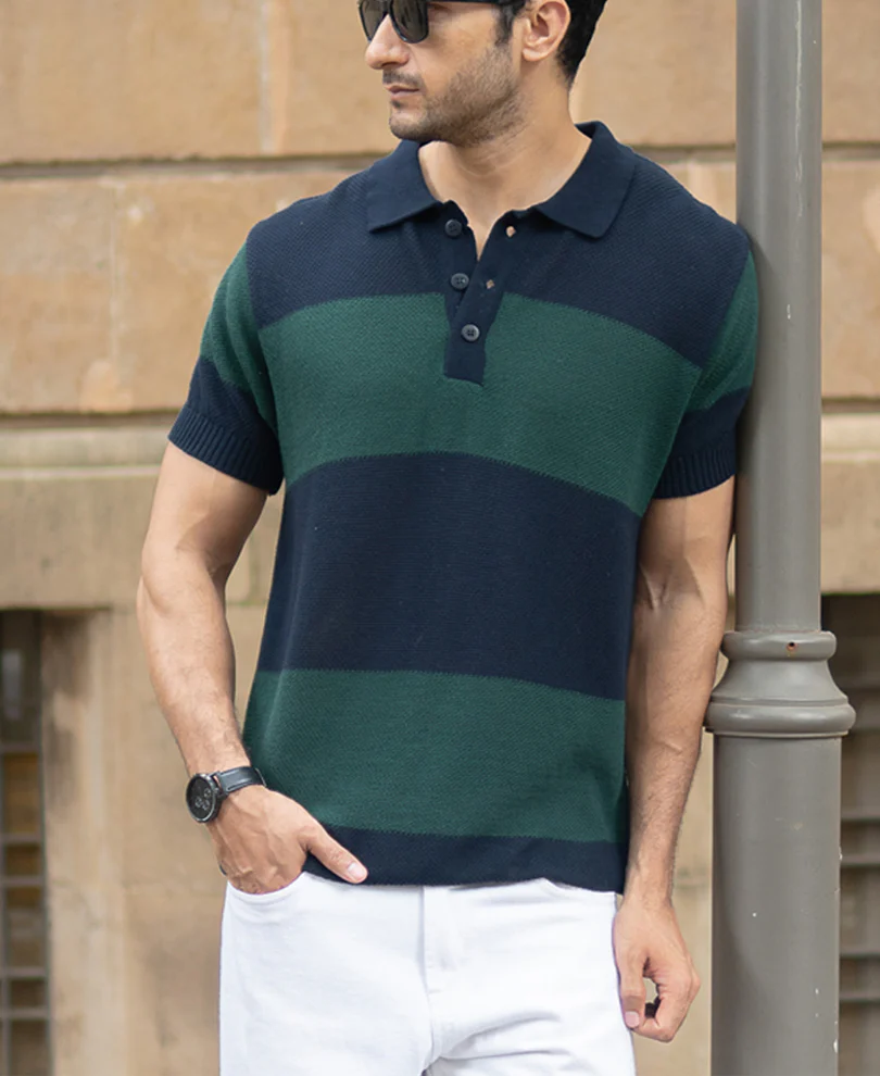 Olive And Navy Knitted Stripe T-Shirt - Image 2