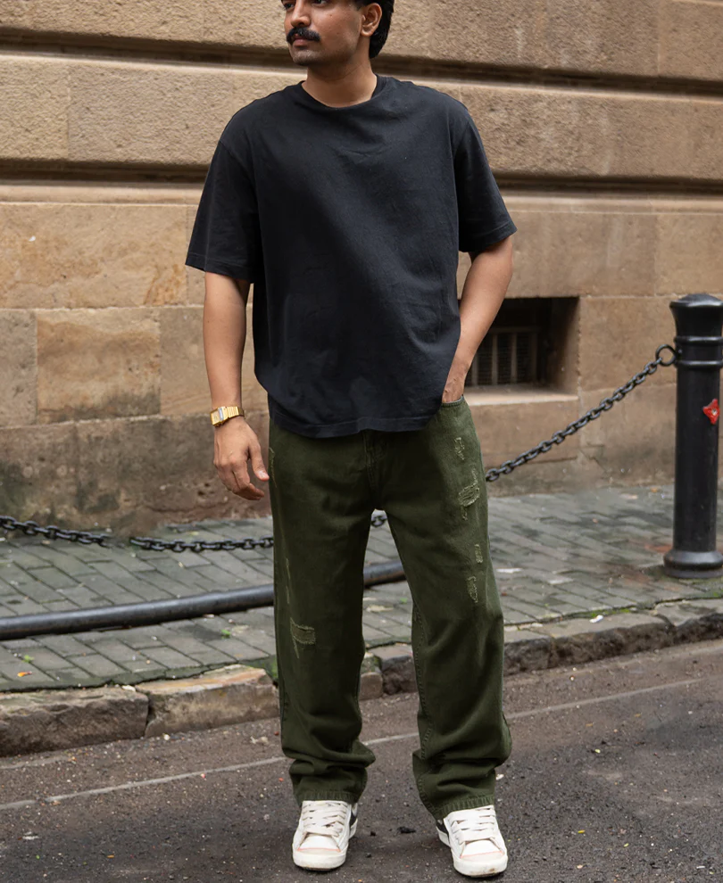 Olive Distress Baggy Jeans - Image 6