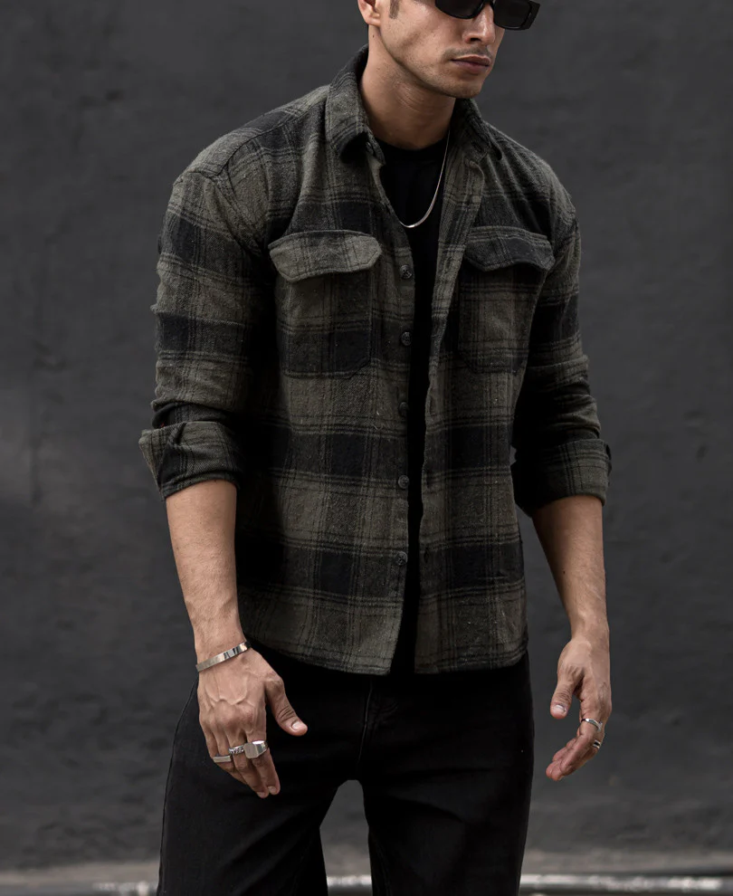 Olive Green Pocket Checked Oversize Drop Shoulder Shirt - Image 2
