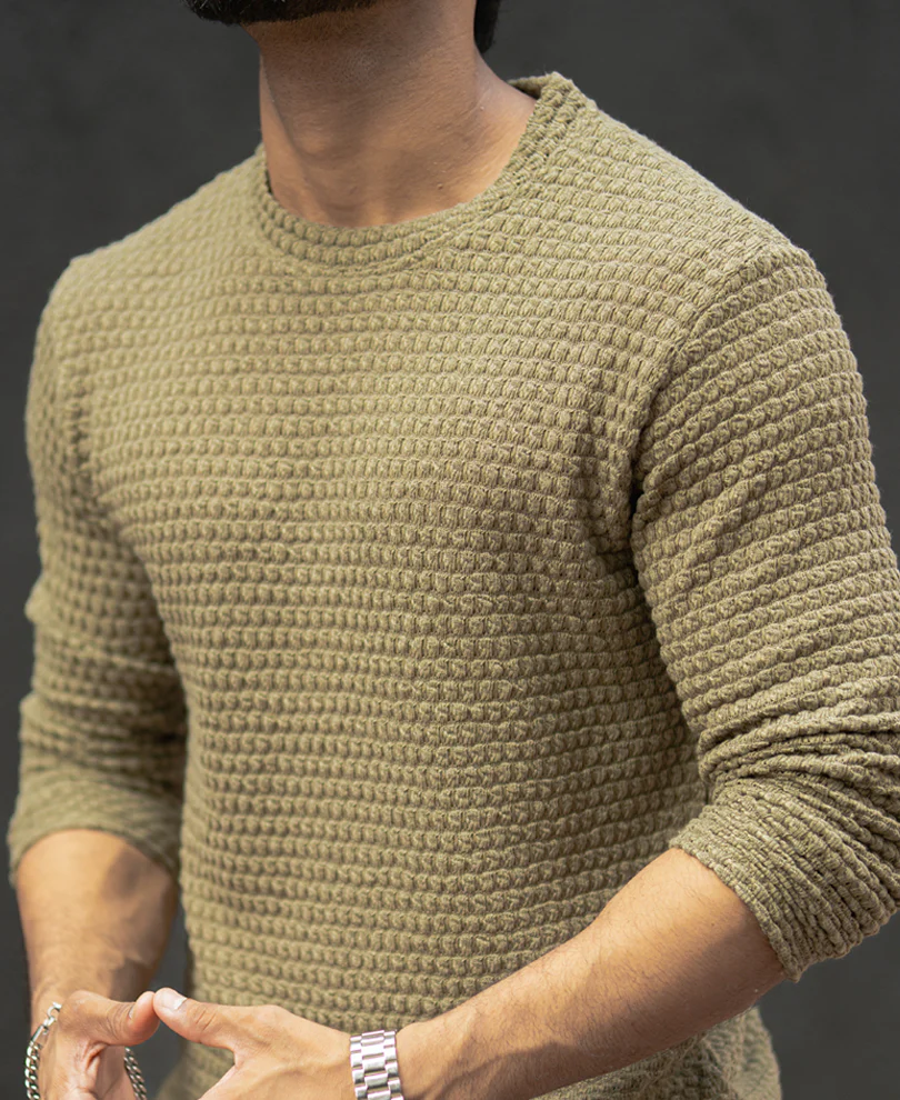 Olive Structured Regular Fit Full Sleeves T-Shirt - Image 4