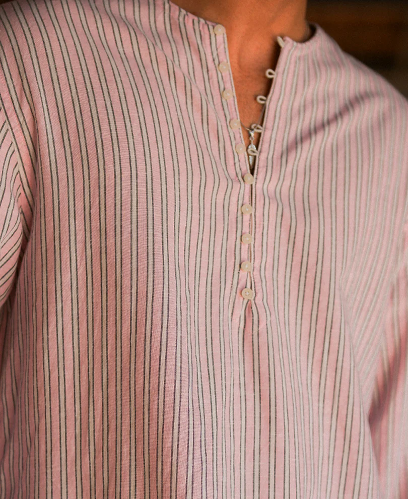Pastel Pink Linen Blend Stripe Kurta Shirt - Image 3