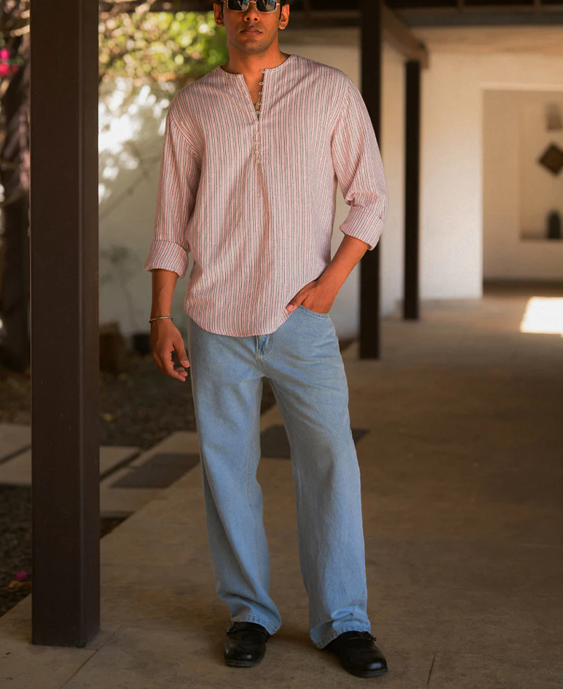 Pastel Pink Linen Blend Stripe Kurta Shirt - Image 6