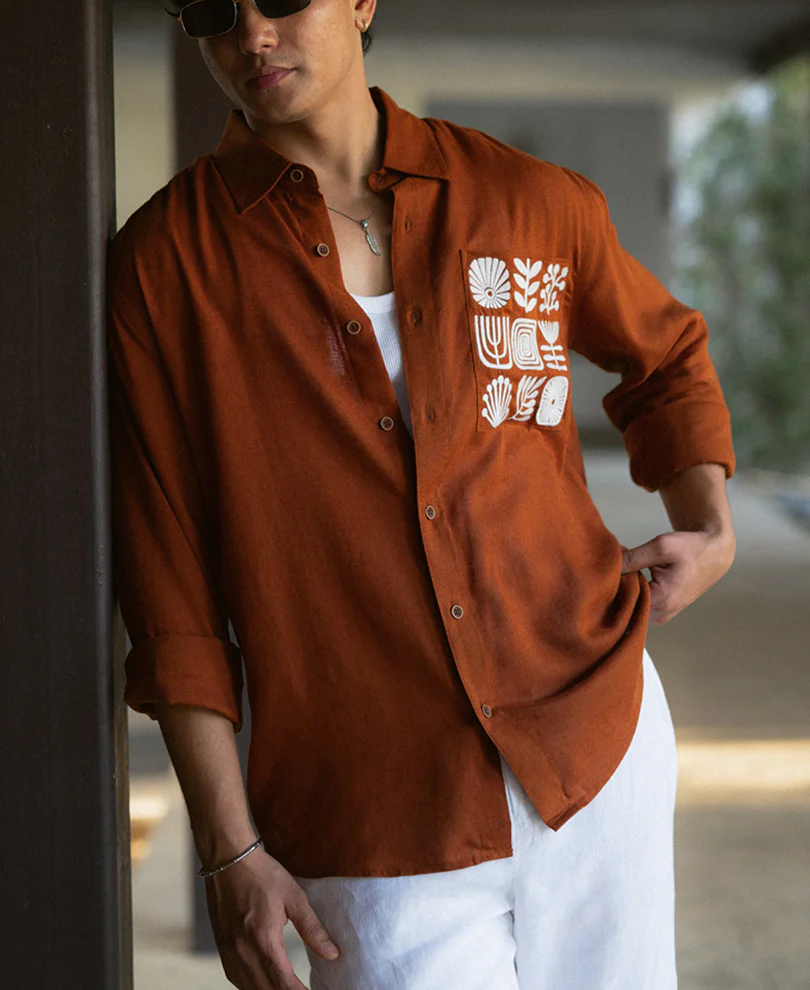 Rust Linen Blend Embroidered Shirt - Image 3