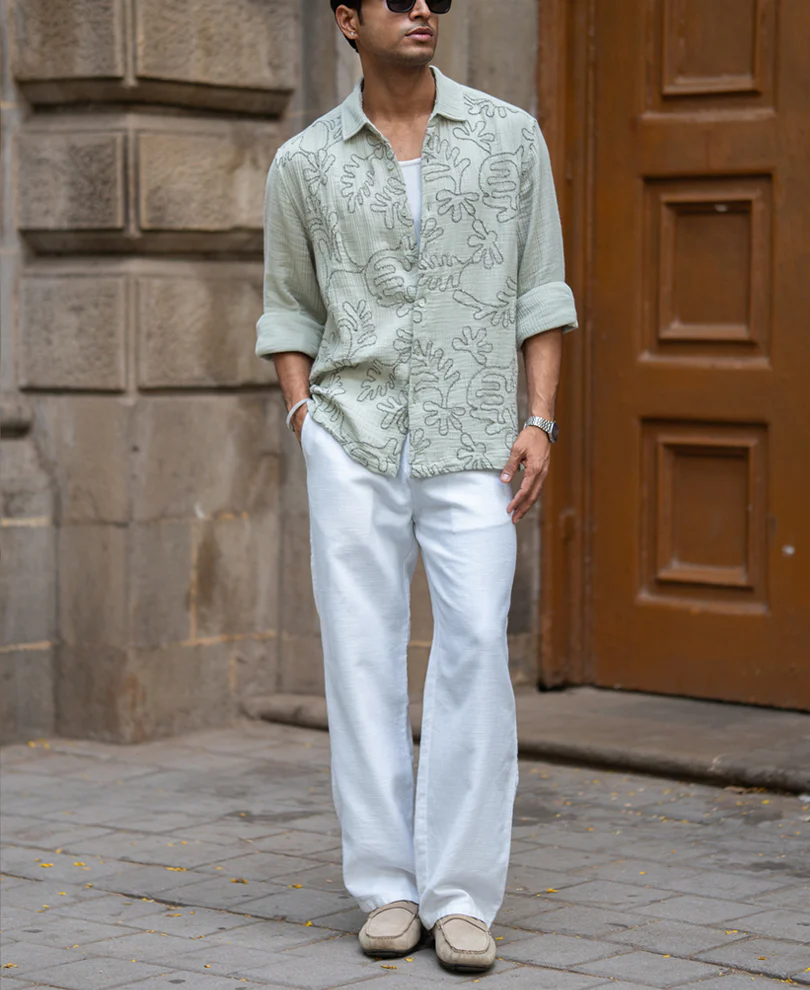 Sage Green Embroidered Shirt 100% Cotton - Image 6