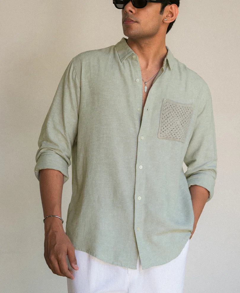 Sage Linen Blend Crochet Shirt - Image 2