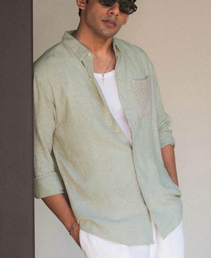 Sage Linen Blend Crochet Shirt - Image 3