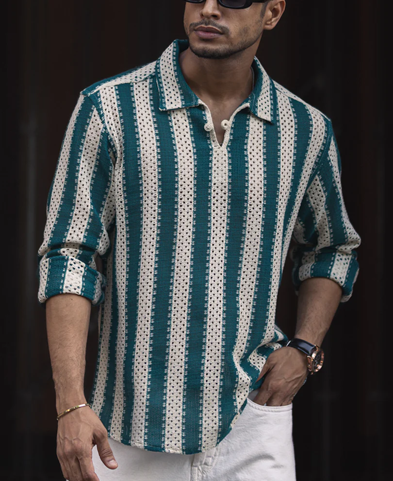 Sea Green and Off White Crochet Striped Regular Fit Full Sleeve Shirt - Image 3