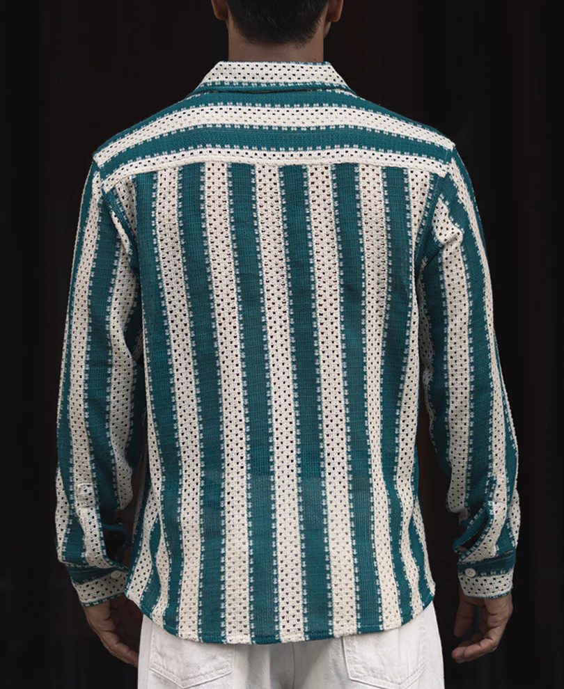 Sea Green and Off White Crochet Striped Regular Fit Full Sleeve Shirt - Image 4