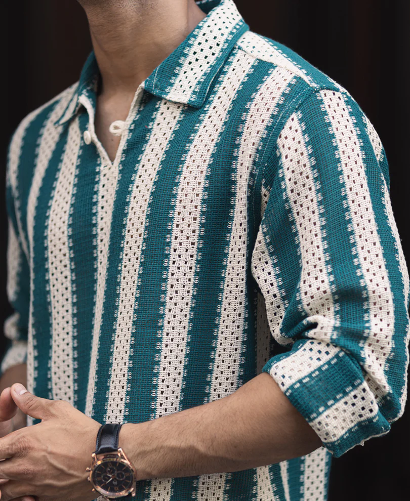 Sea Green and Off White Crochet Striped Regular Fit Full Sleeve Shirt - Image 5
