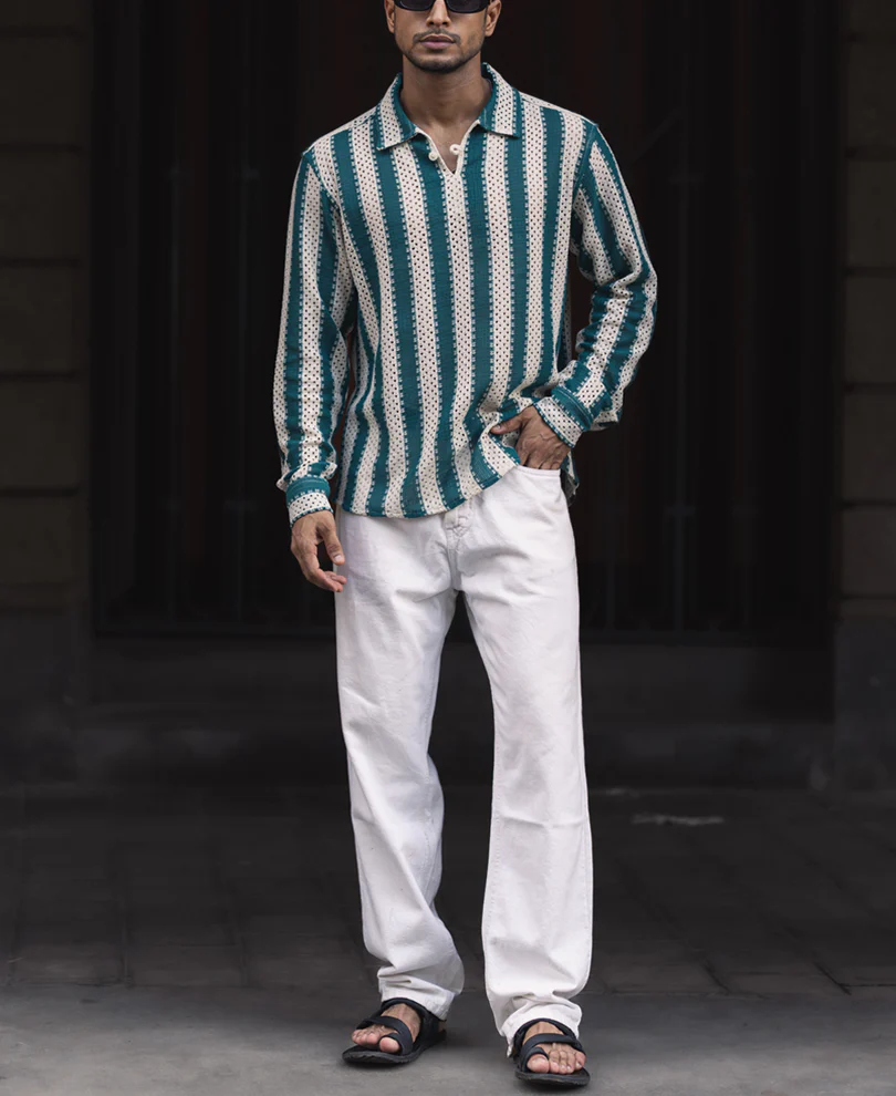 Sea Green and Off White Crochet Striped Regular Fit Full Sleeve Shirt - Image 6
