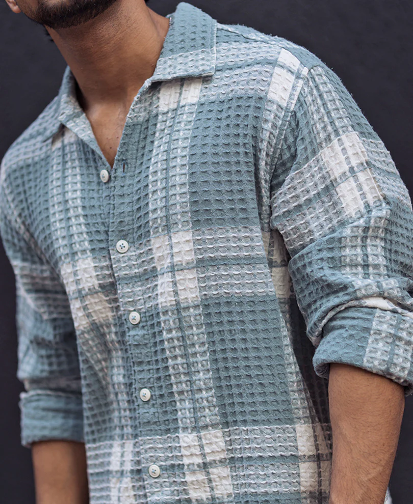 Sky Grey Waffle Checked Regular fit Full Sleeves Shirt - Image 3