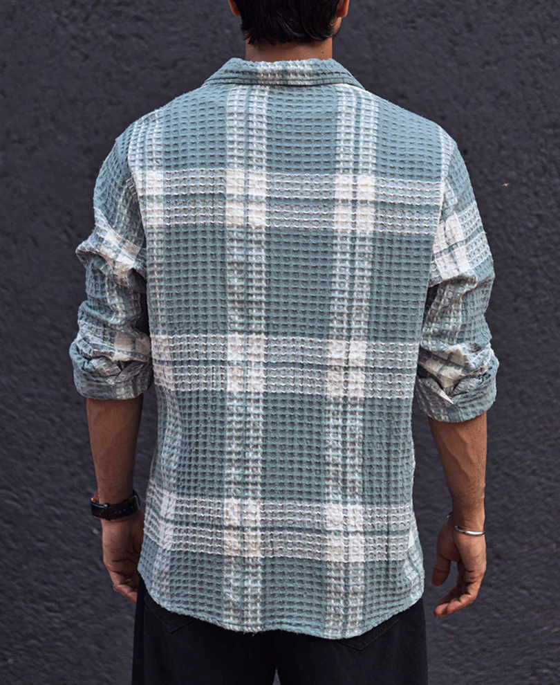 Sky Grey Waffle Checked Regular fit Full Sleeves Shirt - Image 4