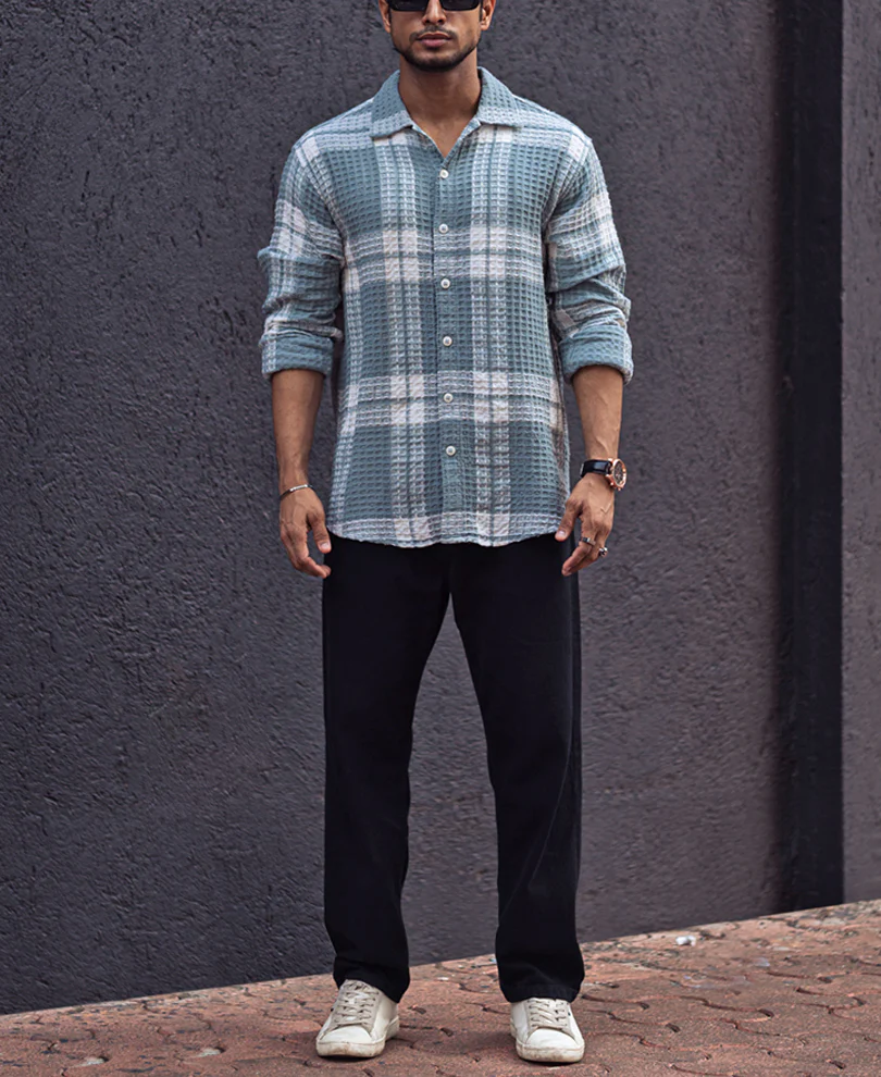 Sky Grey Waffle Checked Regular fit Full Sleeves Shirt - Image 5