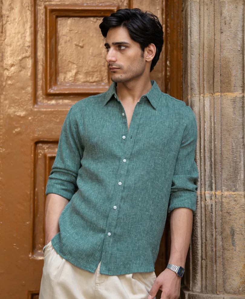 Teal Structured Linen Blend Shirt - Image 3