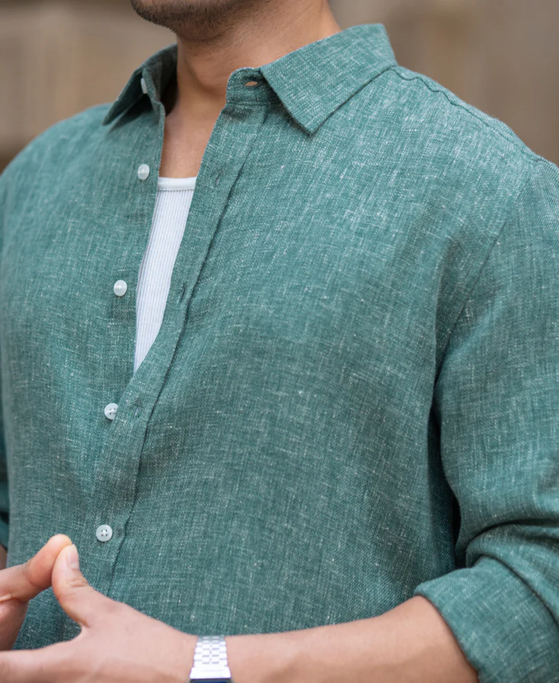 Teal Structured Linen Blend Shirt - Image 4