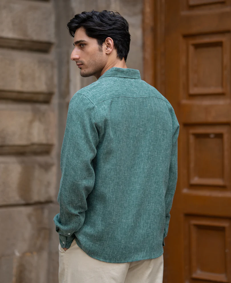 Teal Structured Linen Blend Shirt - Image 5