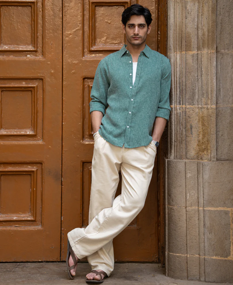 Teal Structured Linen Blend Shirt - Image 6