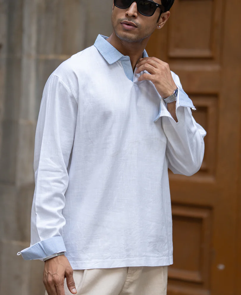 White Contrast Collar Kurta Shirt - Image 2