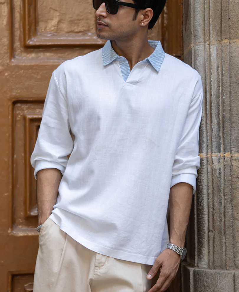 White Contrast Collar Kurta Shirt - Image 3