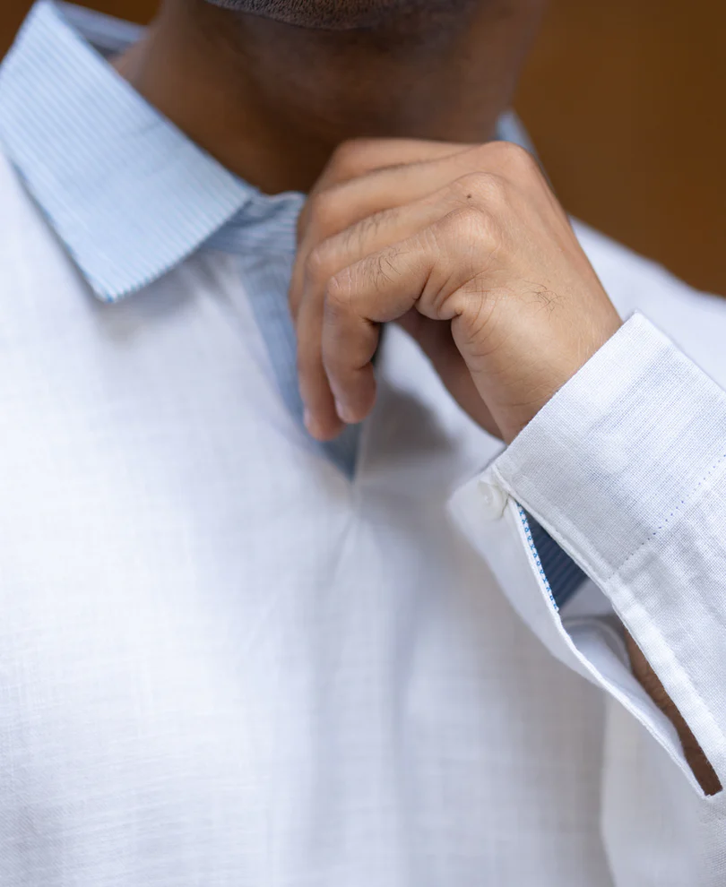 White Contrast Collar Kurta Shirt - Image 4