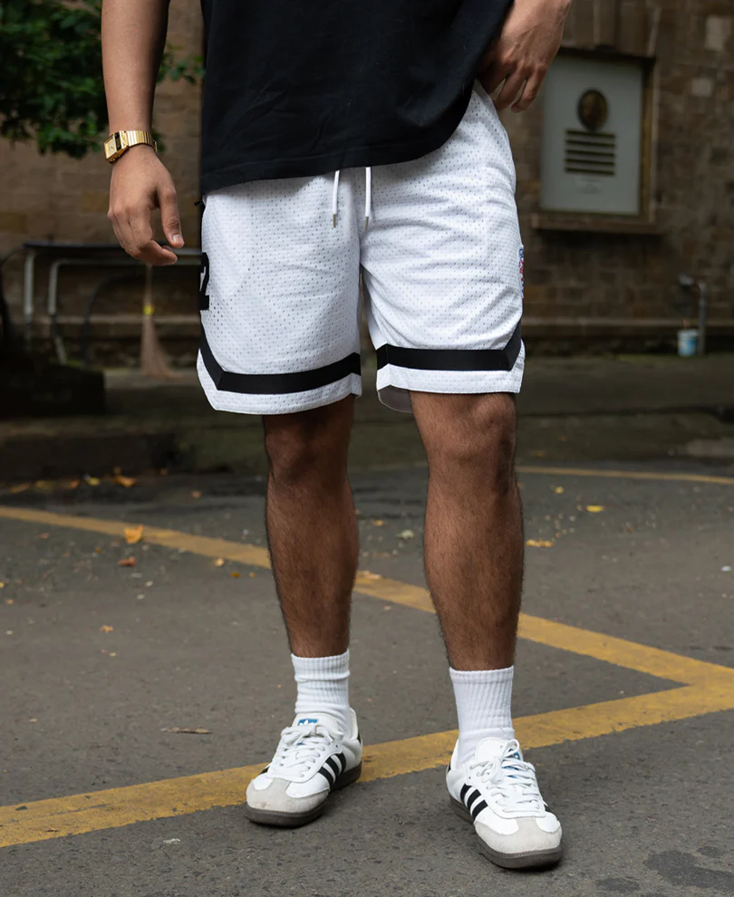 White Embroidered Mesh Basketball Shorts - Image 2
