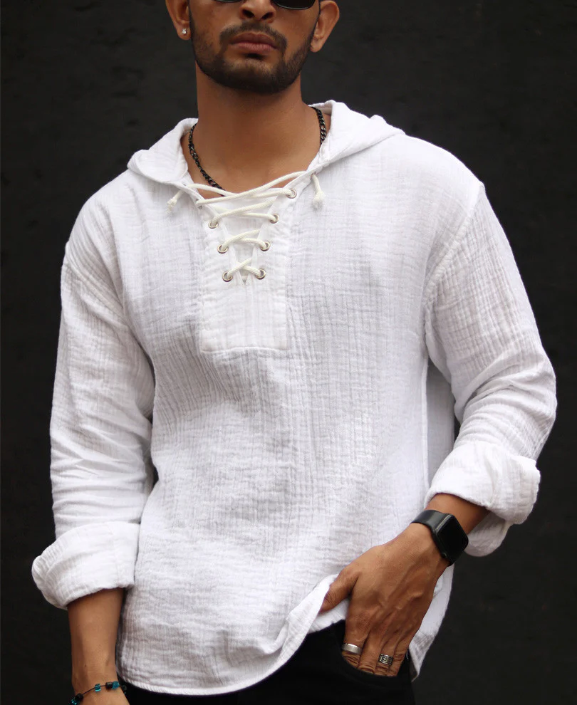 White Hoodie Oversize Drop Shoulder Shirt 100% Cotton - Image 3