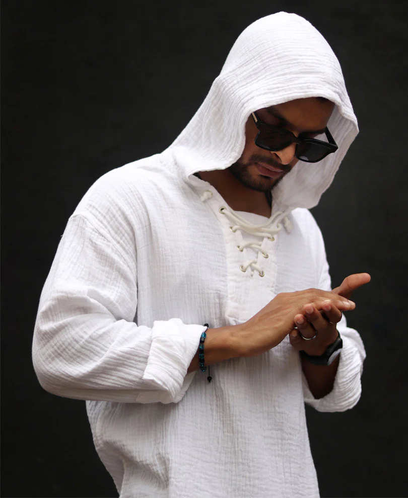 White Hoodie Oversize Drop Shoulder Shirt 100% Cotton - Image 4