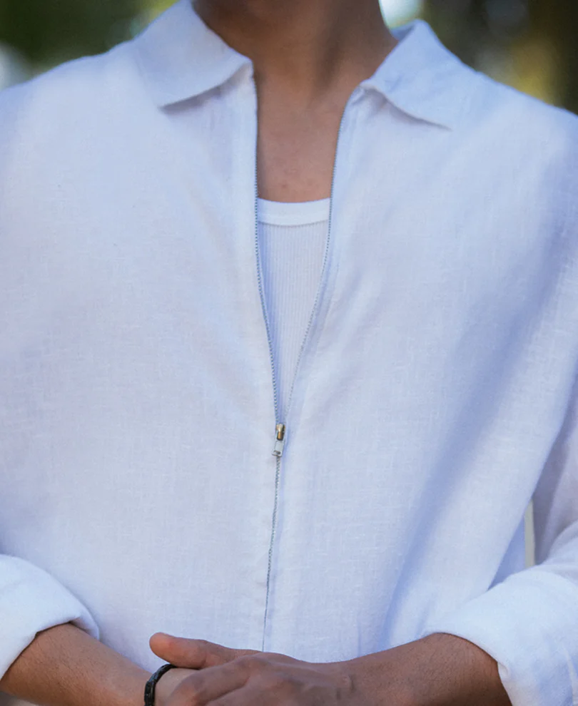 White Linen Blend Zipper Shirt - Image 4