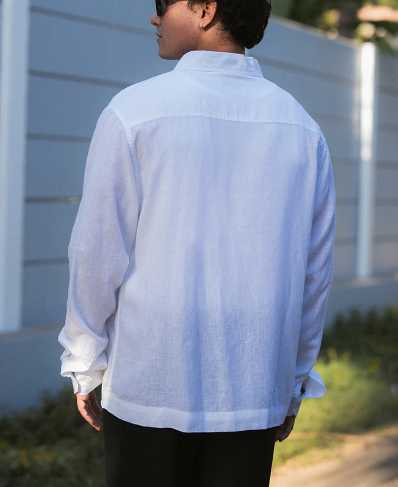 White Linen Blend Zipper Shirt - Image 6