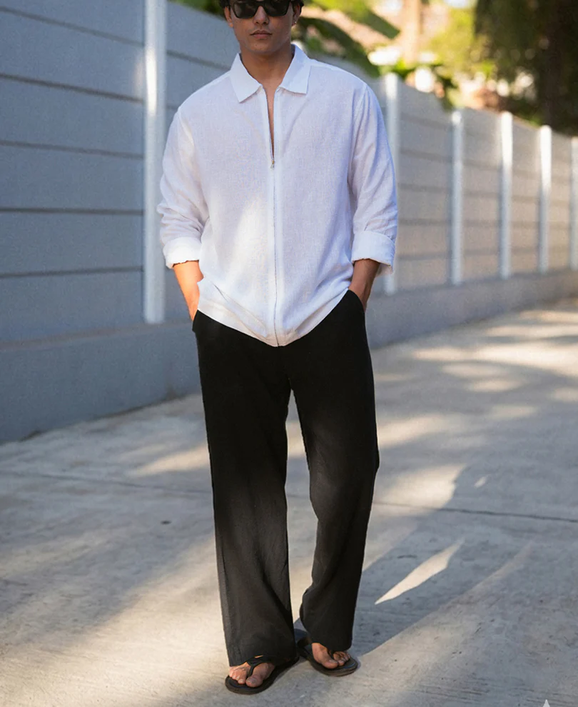 White Linen Blend Zipper Shirt - Image 7
