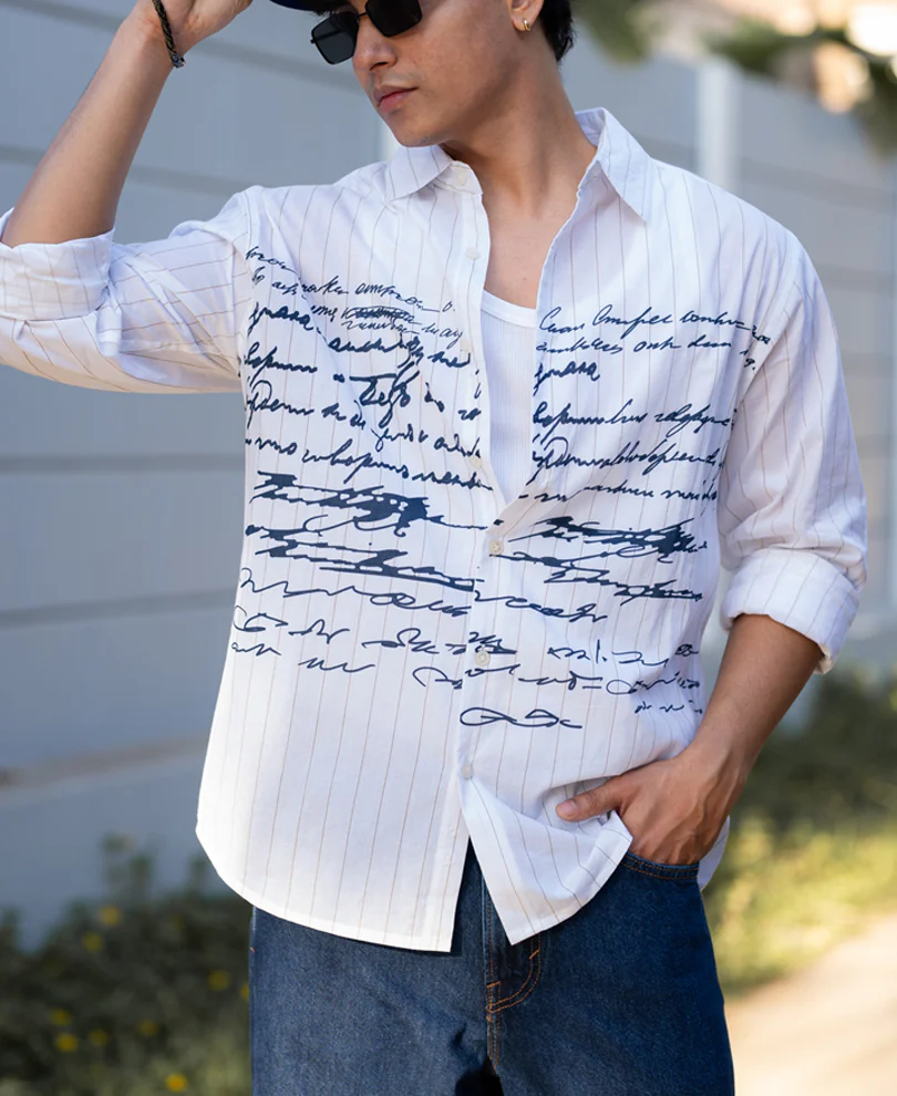 White Typography Print Stripe Shirt 100% Cotton