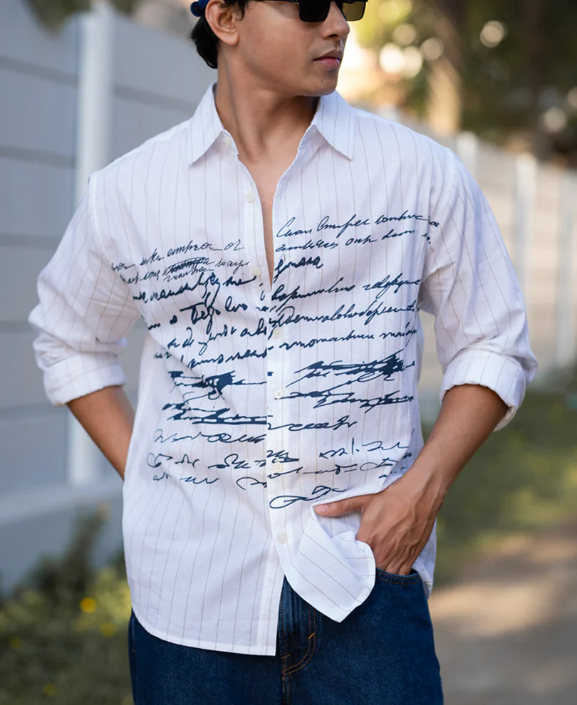 White Typography Print Stripe Shirt 100% Cotton - Image 3