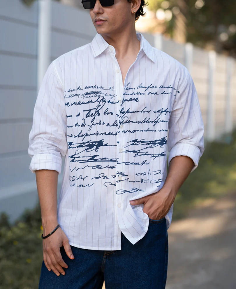 White Typography Print Stripe Shirt 100% Cotton - Image 4