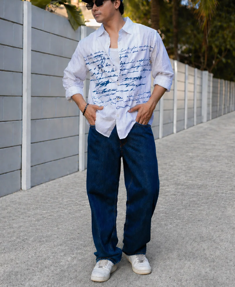 White Typography Print Stripe Shirt 100% Cotton - Image 7