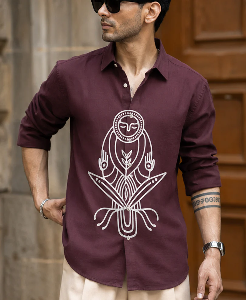 Wine Printed Linen Shirt